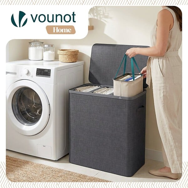 VOUNOT - Panier a linge 3 compartiments et sacs amovibles auto ajustant avec couvercle 170L Anthracite - large