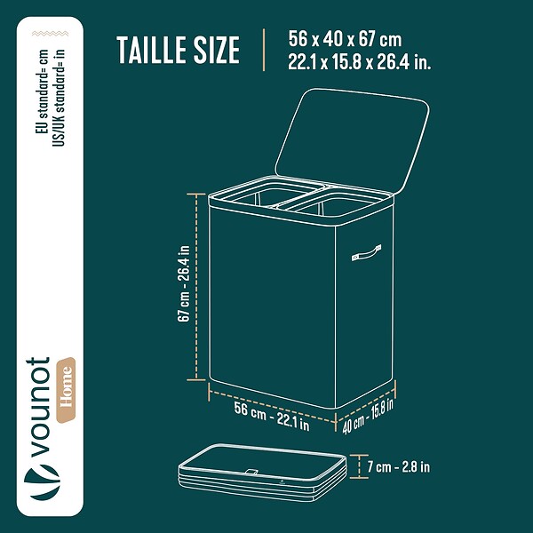 VOUNOT - Panier a linge 2 compartiments et sacs amovibles auto ajustant avec couvercle 150L Anthracite - large