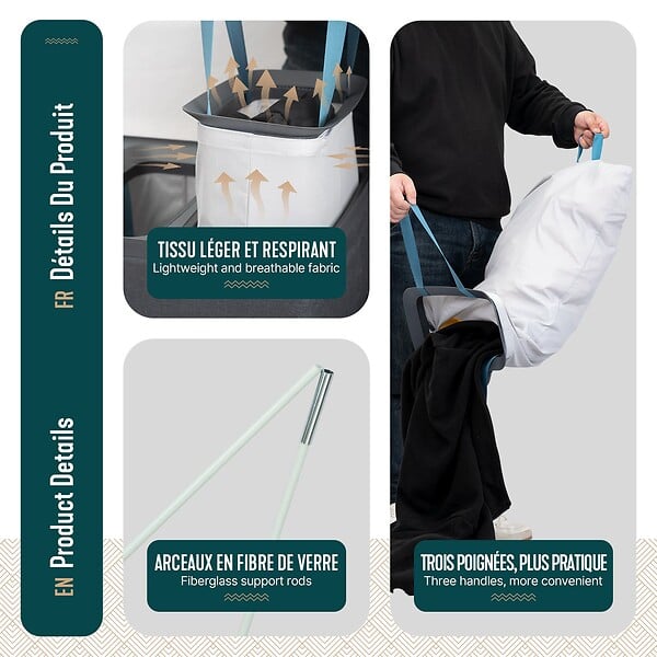 VOUNOT - Panier a linge 2 compartiments et sacs amovibles auto ajustant avec couvercle 150L Anthracite - large