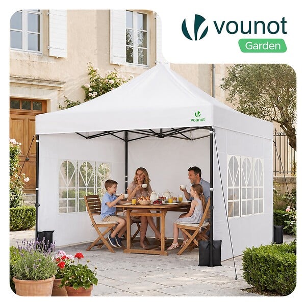 VOUNOT - Tonnelle de jardin renforcée 3x3m pliable Barnum avec 4 parois latérales et fenêtres blanc - large