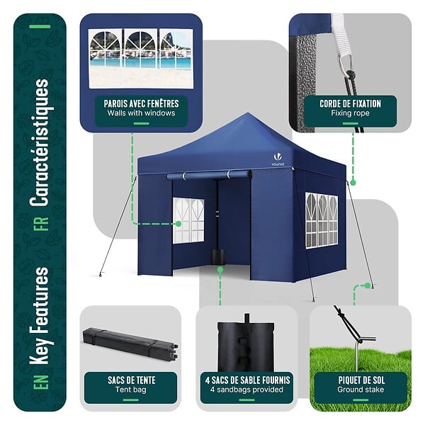 VOUNOT - Tonnelle de jardin renforcée 3x3m pliable Barnum avec 4 parois latérales et fenêtres bleu - large