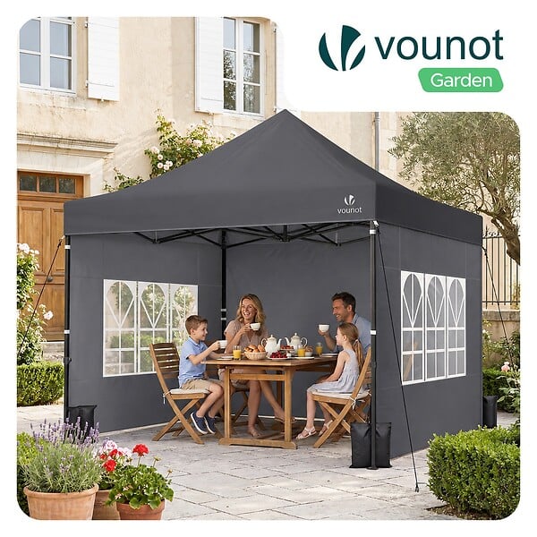 VOUNOT - Tonnelle de jardin renforcée 3x3m pliable Barnum avec 4 parois latérales et fenêtres gris - large