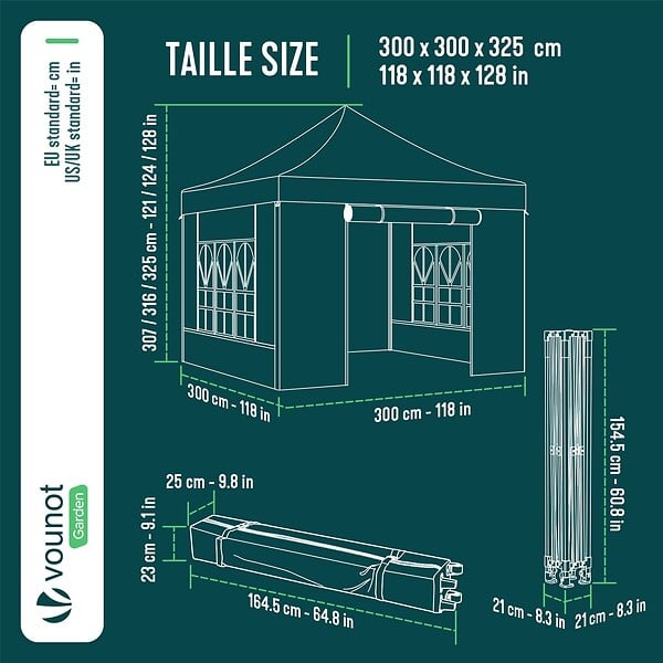 VOUNOT - Tonnelle de jardin renforcée 3x3m pliable Barnum avec 4 parois latérales et fenêtres gris - large