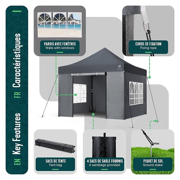 VOUNOT - Tonnelle de jardin renforcée 3x3m pliable Barnum avec 4 parois latérales et fenêtres gris - large
