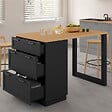 ID MARKET - Ilot central mange-debout 4 personnes VITO 130 cm casserolier 3 tiroirs noir et plateau bois - vignette