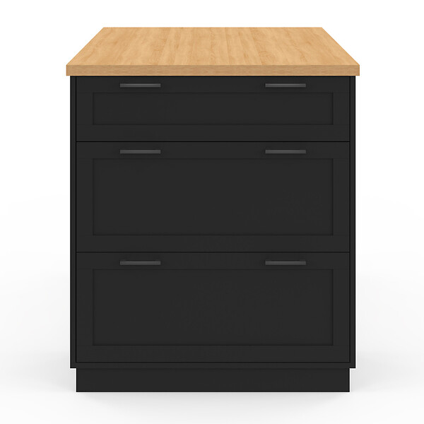 ID MARKET - Ilot central mange-debout 4 personnes VITO 130 cm casserolier 3 tiroirs noir et plateau bois - large