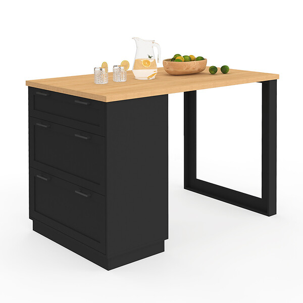 ID MARKET - Ilot central mange-debout 4 personnes VITO 130 cm casserolier 3 tiroirs noir et plateau bois - large