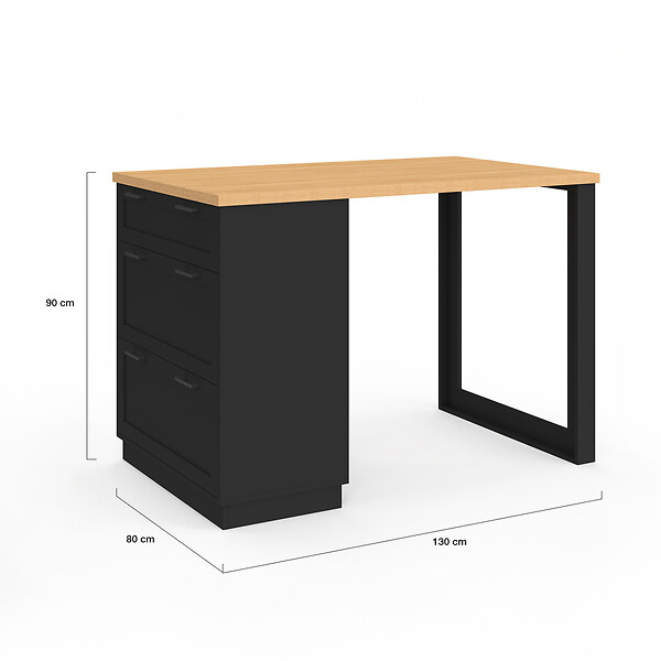 ID MARKET - Ilot central mange-debout 4 personnes VITO 130 cm casserolier 3 tiroirs noir et plateau bois - large