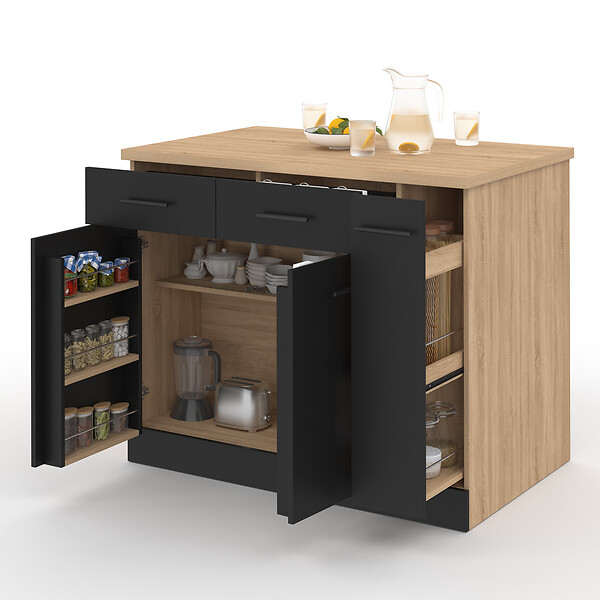 ID MARKET - Ilot central ALTO portes avec rangements, tiroirs, rangement coulissant et plan de travail façon hêtre et noir - large
