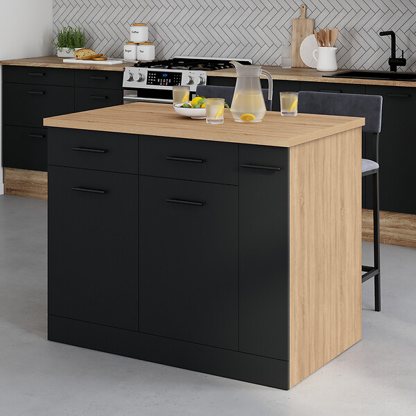 ID MARKET - Ilot central ALTO portes avec rangements, tiroirs, rangement coulissant et plan de travail façon hêtre et noir - large