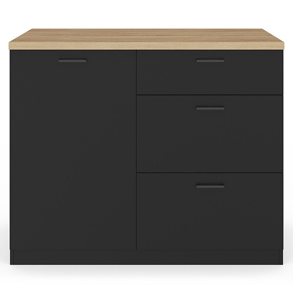 ID MARKET - Ilot central TIBO 110 cm casserolier 3 tiroirs bois noir avec plan de travail façon hêtre - large