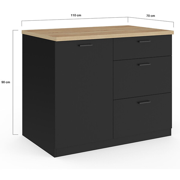 ID MARKET - Ilot central TIBO 110 cm casserolier 3 tiroirs bois noir avec plan de travail façon hêtre - large