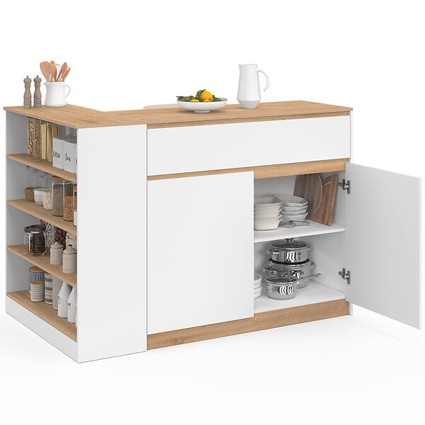 ID MARKET - Ilot central TOMI 130 cm 2 personnes double plateau bois blanc avec plan de travail façon hêtre - large