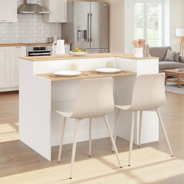 ID MARKET - Ilot central TOMI 130 cm 2 personnes double plateau bois blanc avec plan de travail façon hêtre - large