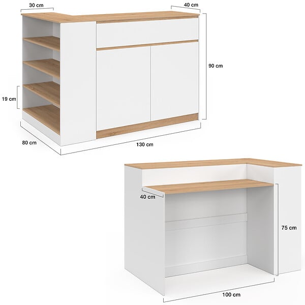ID MARKET - Ilot central TOMI 130 cm 2 personnes double plateau bois blanc avec plan de travail façon hêtre - large