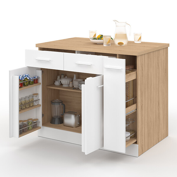 ID MARKET - Ilot central ALTO portes avec rangements, tiroirs, rangement coulissant et plan de travail façon hêtre et blanc - large