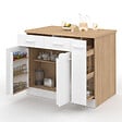 ID MARKET - Ilot central ALTO portes avec rangements, tiroirs, rangement coulissant et plan de travail façon hêtre et blanc - vignette