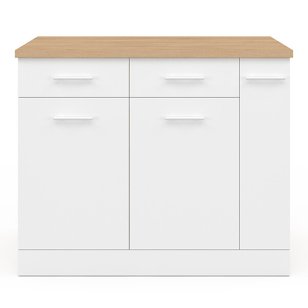ID MARKET - Ilot central ALTO portes avec rangements, tiroirs, rangement coulissant et plan de travail façon hêtre et blanc - large