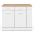 ID MARKET - Ilot central ALTO portes avec rangements, tiroirs, rangement coulissant et plan de travail façon hêtre et blanc - vignette