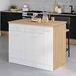 ID MARKET - Ilot central ALTO portes avec rangements, tiroirs, rangement coulissant et plan de travail façon hêtre et blanc - vignette