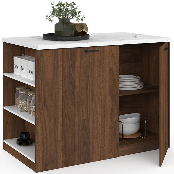 ID MARKET - Ilot central TIBO 120 cm bois foncé effet noyer avec plan de travail effet marbre ALASKA - large