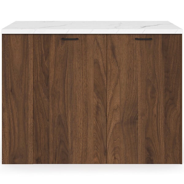 ID MARKET - Ilot central TIBO 120 cm bois foncé effet noyer avec plan de travail effet marbre ALASKA - large