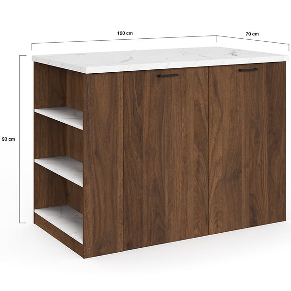 ID MARKET - Ilot central TIBO 120 cm bois foncé effet noyer avec plan de travail effet marbre ALASKA - large