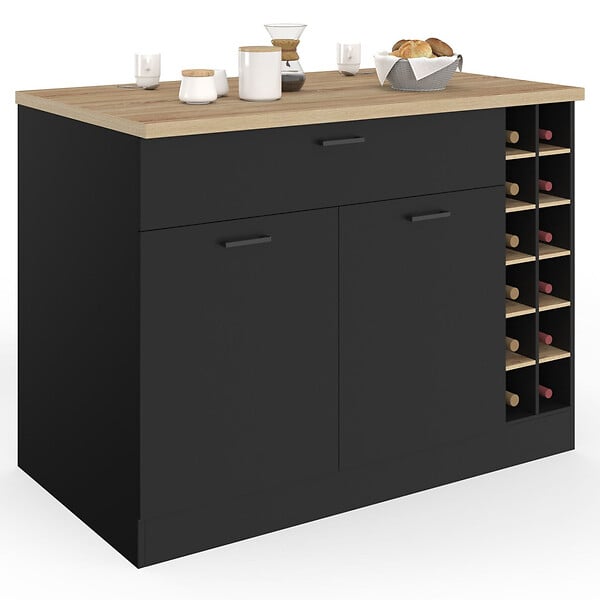 ID MARKET - Ilot central GEORGE avec range-bouteilles placard et tiroir bois noir avec plan de travail façon hêtre - large