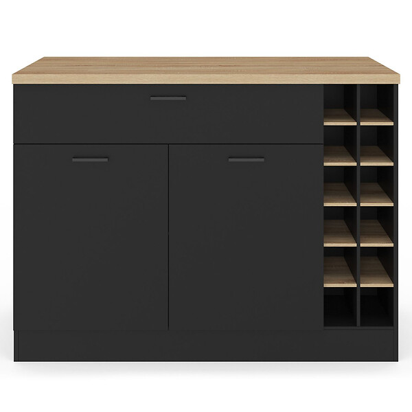ID MARKET - Ilot central GEORGE avec range-bouteilles placard et tiroir bois noir avec plan de travail façon hêtre - large