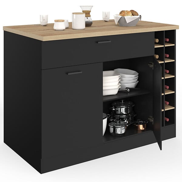 ID MARKET - Ilot central GEORGE avec range-bouteilles placard et tiroir bois noir avec plan de travail façon hêtre - large