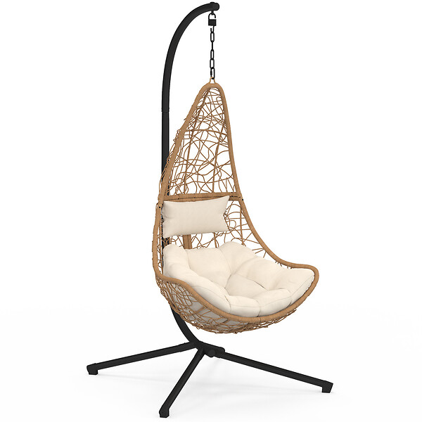ID MARKET - Fauteuil demi-lune suspendu ajouré effet rotin avec coussin écru - large