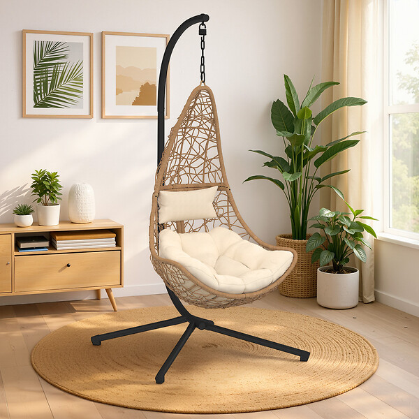ID MARKET - Fauteuil demi-lune suspendu ajouré effet rotin avec coussin écru - large