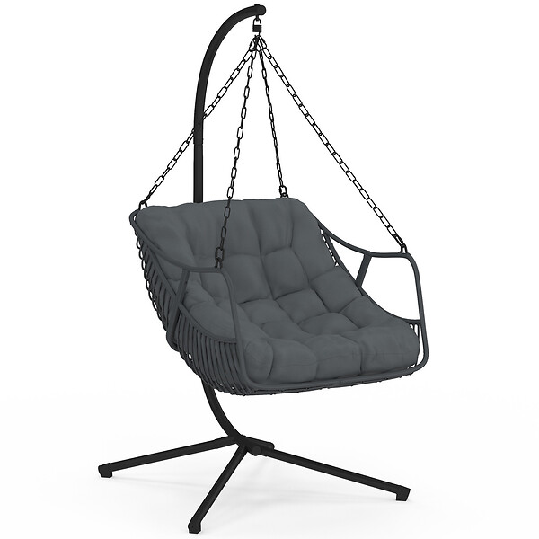 ID MARKET - Fauteuil suspendu relax LOA ajouré effet rotin gris avec coussin gris - large