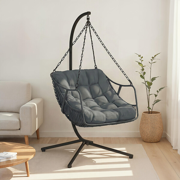 ID MARKET - Fauteuil suspendu relax LOA ajouré effet rotin gris avec coussin gris - large