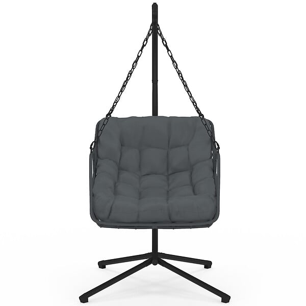 ID MARKET - Fauteuil suspendu relax LOA ajouré effet rotin gris avec coussin gris - large