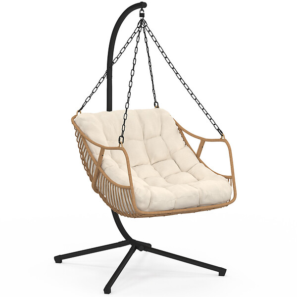 ID MARKET - Fauteuil suspendu relax LOA ajouré effet rotin avec coussin écru - large