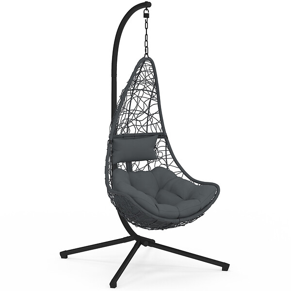 ID MARKET - Fauteuil demi-lune suspendu ajouré effet rotin gris avec coussin gris - large
