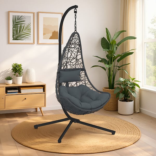 ID MARKET - Fauteuil demi-lune suspendu ajouré effet rotin gris avec coussin gris - large