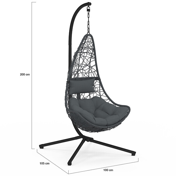 ID MARKET - Fauteuil demi-lune suspendu ajouré effet rotin gris avec coussin gris - large