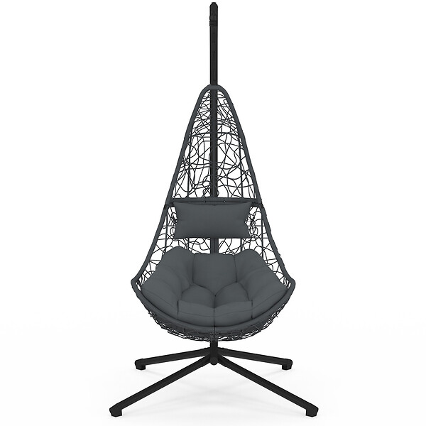 ID MARKET - Fauteuil demi-lune suspendu ajouré effet rotin gris avec coussin gris - large