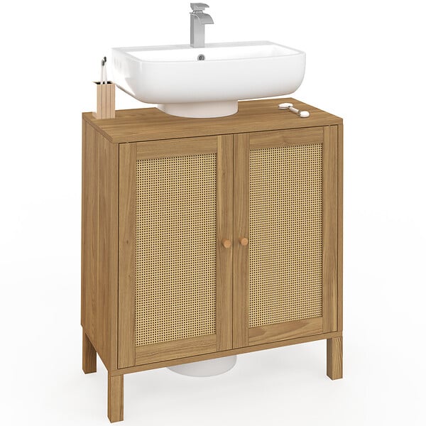 ID MARKET - Meuble sous lavabo salle de bain HANAE effet naturel cannage - large