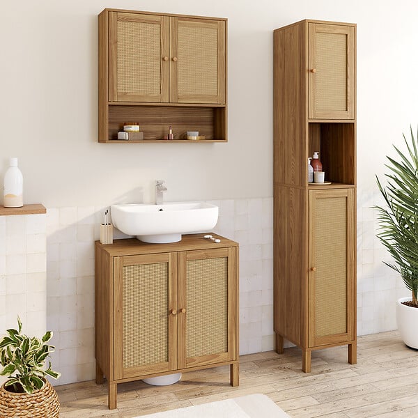 ID MARKET - Meuble sous lavabo salle de bain HANAE effet naturel cannage - large