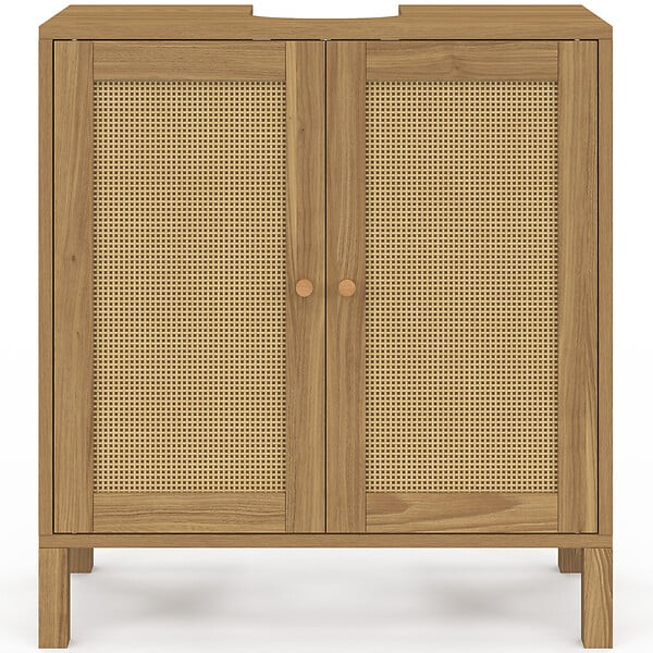 ID MARKET - Meuble sous lavabo salle de bain HANAE effet naturel cannage - large