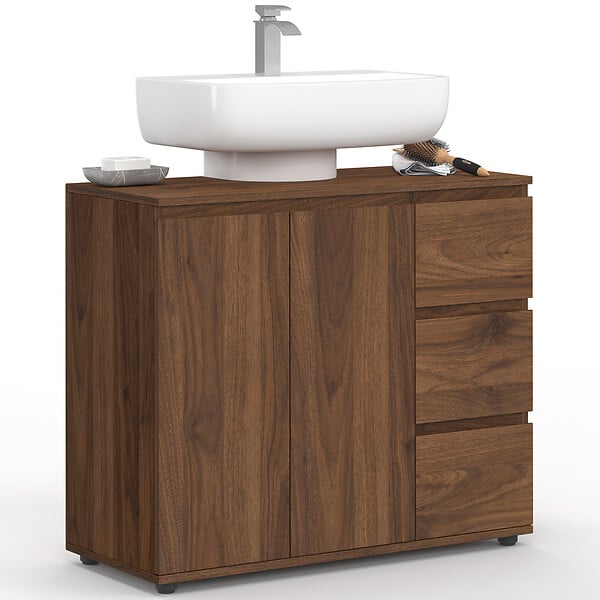 ID MARKET - Meuble sous lavabo salle de bain TOMI avec placard et 3 tiroirs effet noyer - large