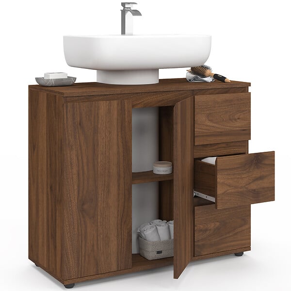 ID MARKET - Meuble sous lavabo salle de bain TOMI avec placard et 3 tiroirs effet noyer - large