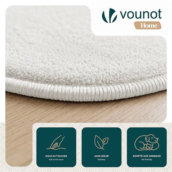 VOUNOT - Tapis de salon poils ras doux antiderapant ф120cm uni crème - large