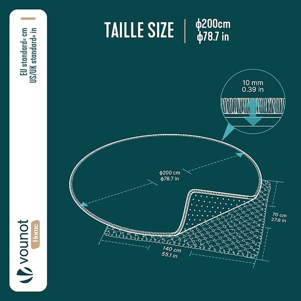 VOUNOT - Tapis de salon poils ras doux antiderapant ф200cm uni crème - large
