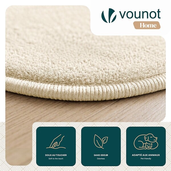 VOUNOT - Tapis de salon poils ras doux antiderapant ф160cm uni beige - large