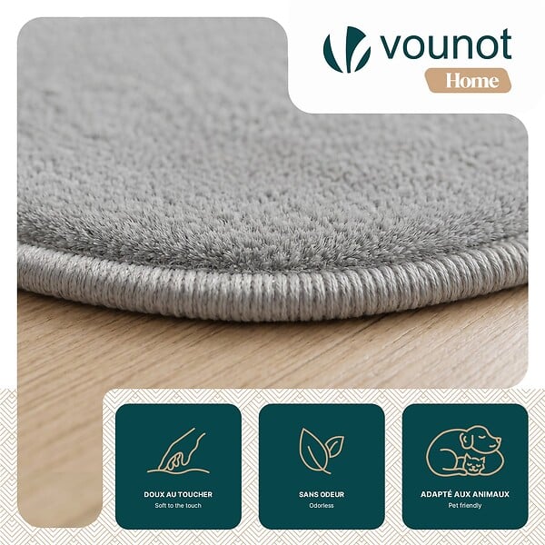 VOUNOT - Tapis de salon poils ras doux antiderapant ф200cm uni gris - large