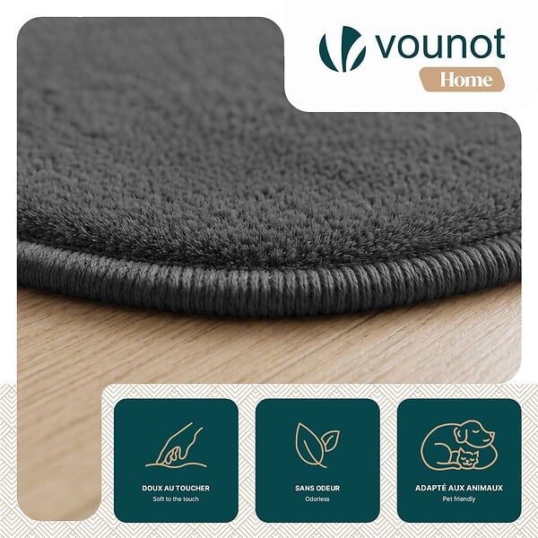 VOUNOT - Tapis de salon poils ras doux antiderapant ф200cm uni anthracite - large